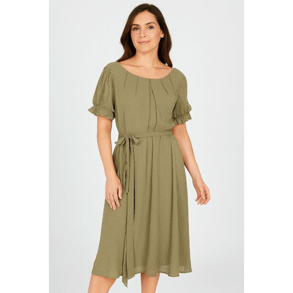 NY COLLECTION Women's Olive Green Petite Short Sleeve Belted Swiss Dot Dress PXL